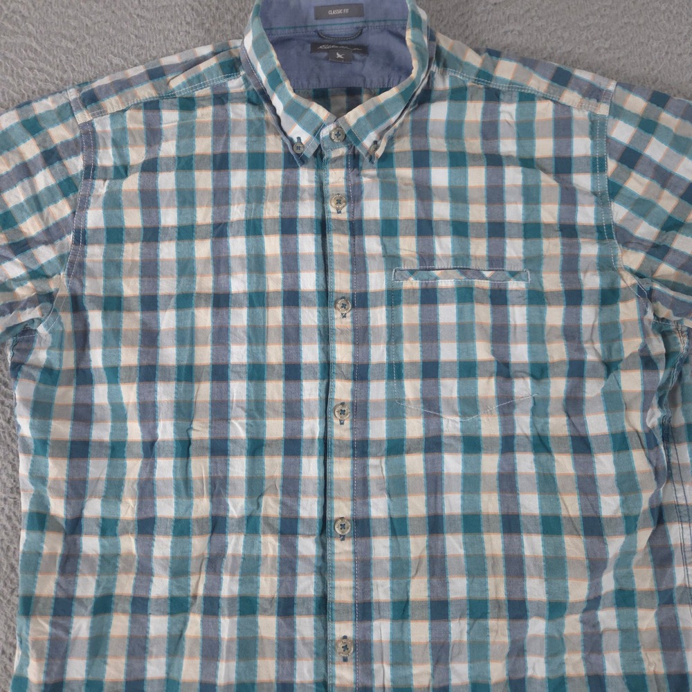 Eddie Bauer Shirt Men Large Teal Blue Plaid Classic Fit 100% Cotton Short Sleeve
